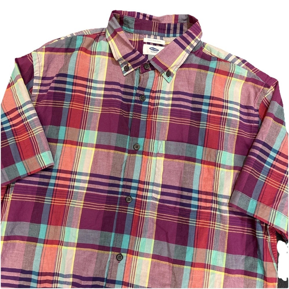 Preppy Colorful Madras Button Down Shirt Mens Large Slim Fit Colorful Old Navy